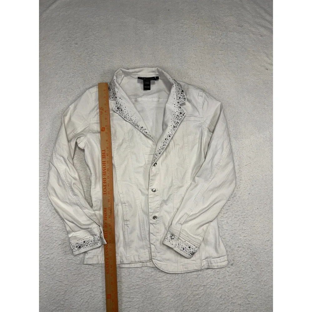 Christine Alexander White Denim Rhinestone Embellished Blazer Jacket Womens M